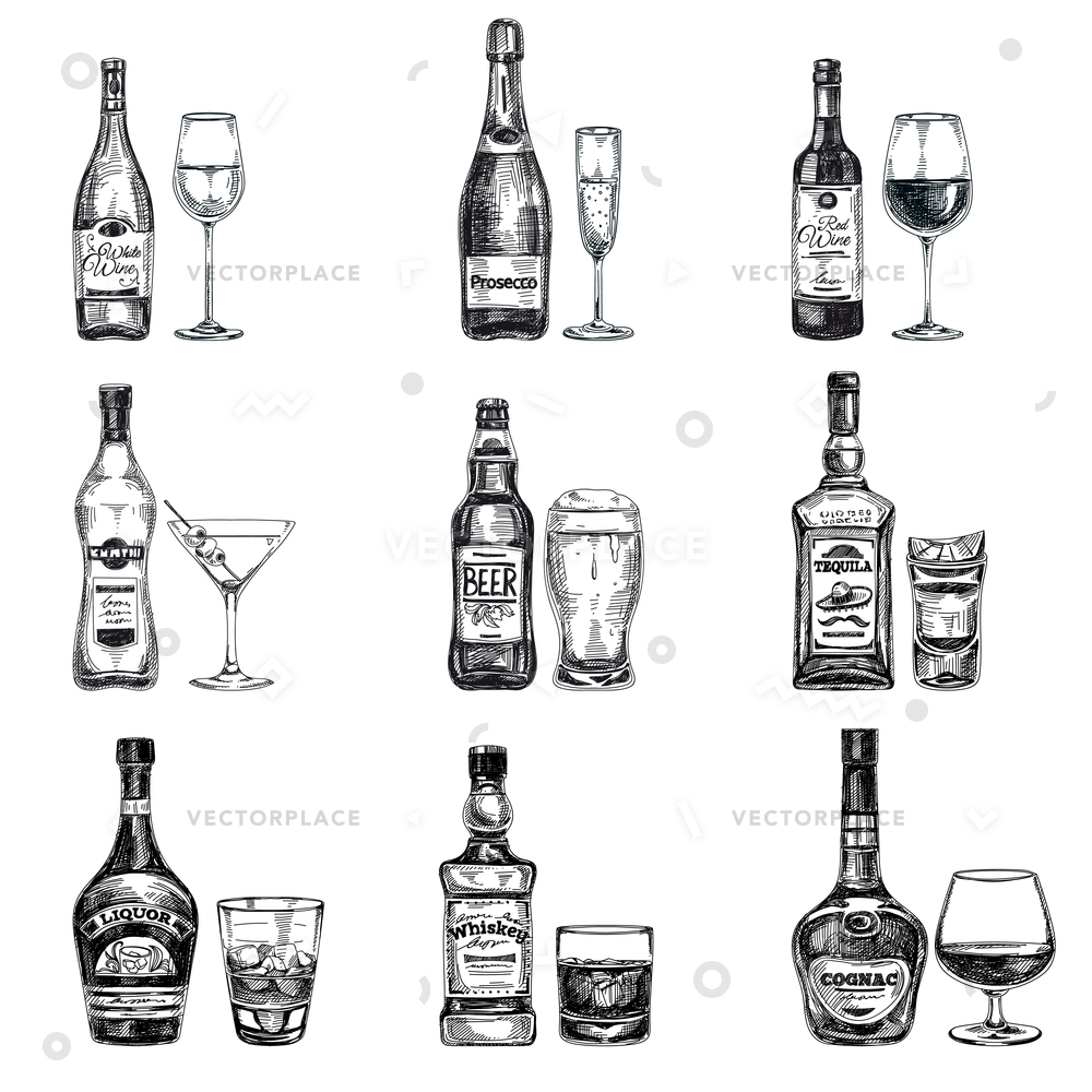 1000x1000 Hand Drawn Alcoholic Drinks Sketch Vector Illustration 8740 - Drinks Sketch