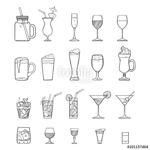 500x500 Vector Sketch Set Of Alcohol, Soft Drinks And Cocktails. Stock - Drinks Sketch