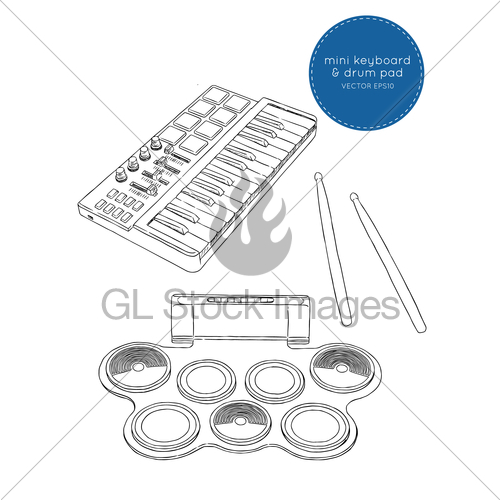 500x500 Electronic Drum Pad Kit And Mini Keyboard Sketch Vector. Gl - Drum Kit Sketch