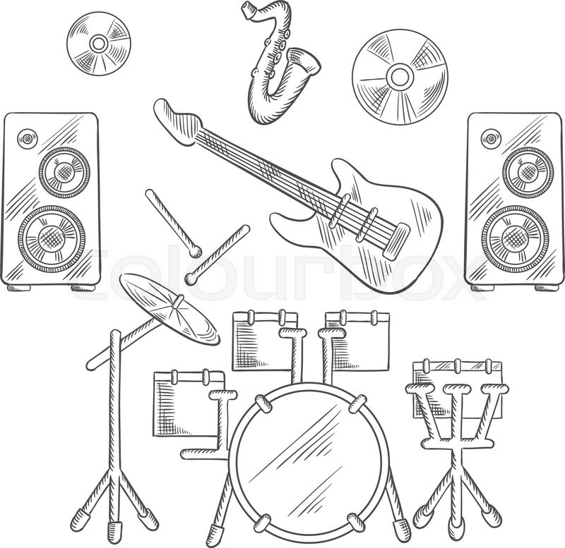 800x777 Musical Band Instruments With Drum Set, Electric Guitar, Drum - Drum Set Sketch