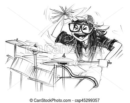 450x358 Playing Drum Set And Swinging Bat Feeling Very Funny. Cartoon - Drum Set Sketch