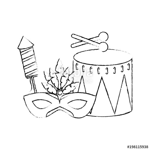 500x500 Carnival Drum Mask And Firework Rocket Vector Illustration Sketch - Drum Sketch
