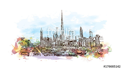 500x285 Watercolor Splash With Sketch Of Dubai Uae In Vector Illustration - Dubai Sketch