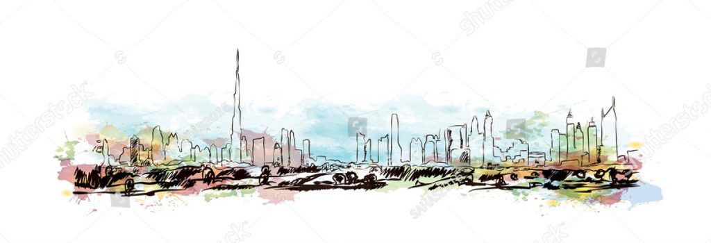 1024x350 Stock Vector Watercolor Sketch Of Dubai Sky Line In Vector - Dubai Sketch