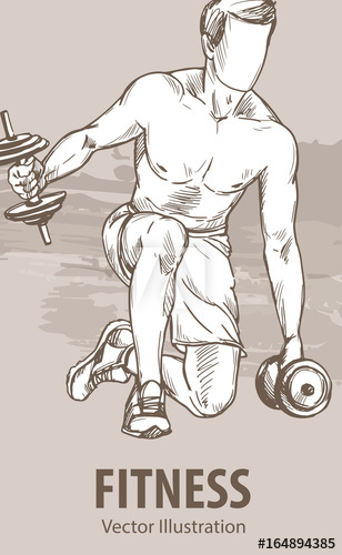 308x500 Hand Sketch Of A Man Is Training With Dumbbells. Vector Sport - Dumbbells Sketch