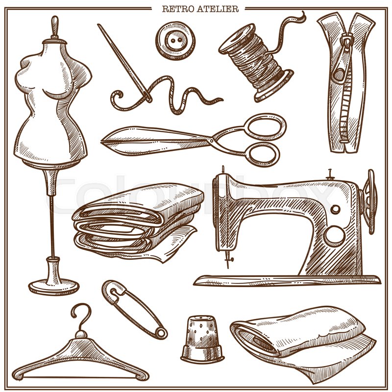 800x800 Retro Atelier Or Dressmaker Tailor Salon Equipment Sketch Icons - Dummy Sketch