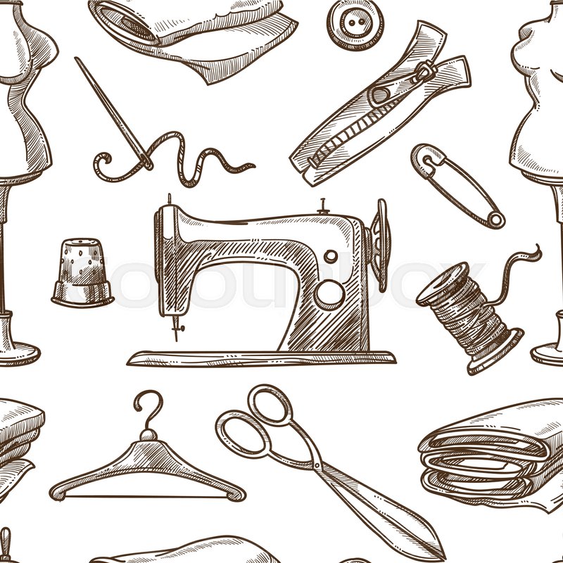 800x800 Sewing Items Pattern Background. Vector Seamless Sketch Sewing - Dummy Sketch