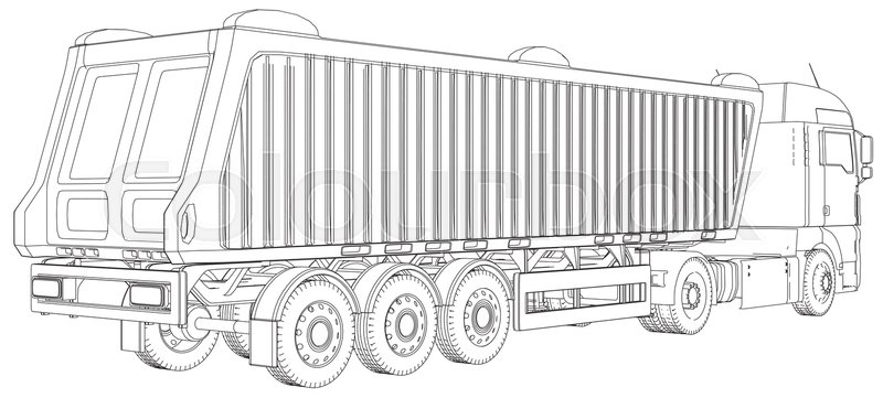 800x361 Semi Trailer Dump Truck Sketch Isolated On White Background. 3 - Dump Truck Sketch