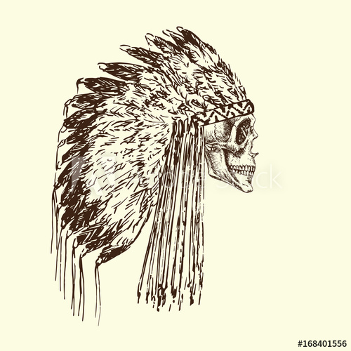 500x500 Skull In Eagle Feather Hat Of Indians, Hand Drawn Doodle, Sketch - Eagle Feather Sketch