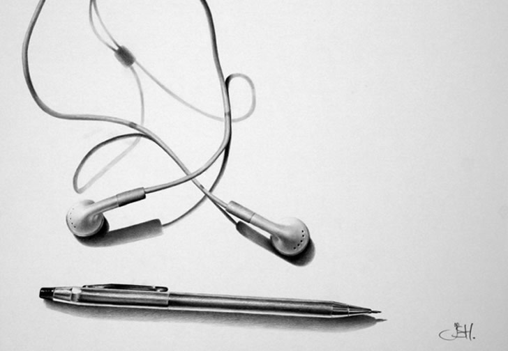 728x504 Collection Of Still Life Drawing Of Headphones High Quality - Earphones Sketch