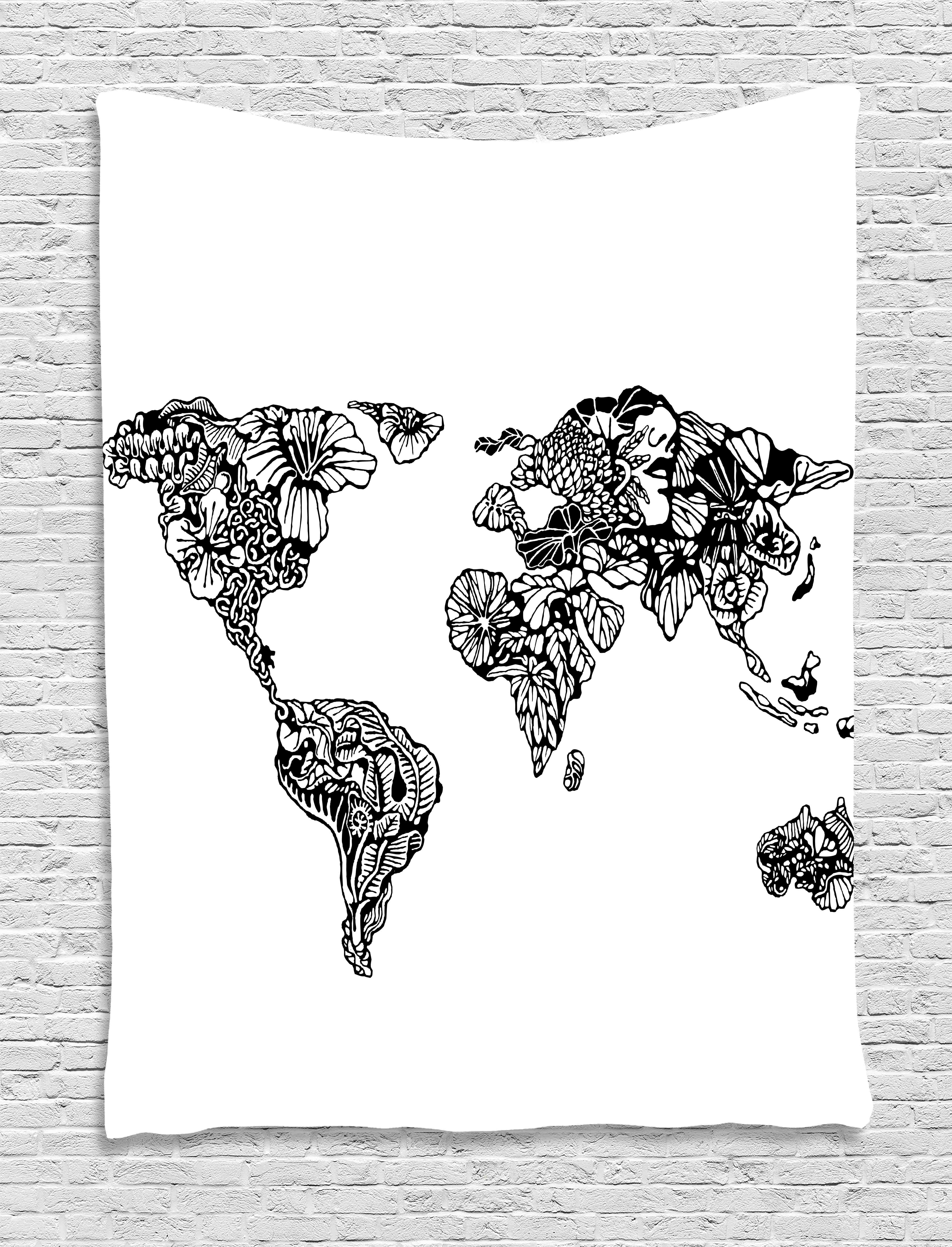4252x5568 Modern Tapestry, Artistic Sketch Style World Map With Floral Charm - Earth Map Sketch