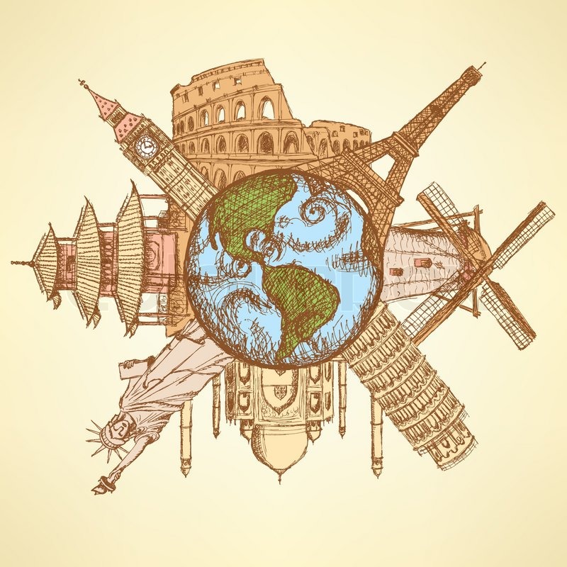 800x800 Sketch Famous Buildings Around Planet Earth, Background Stock - Earth Map Sketch