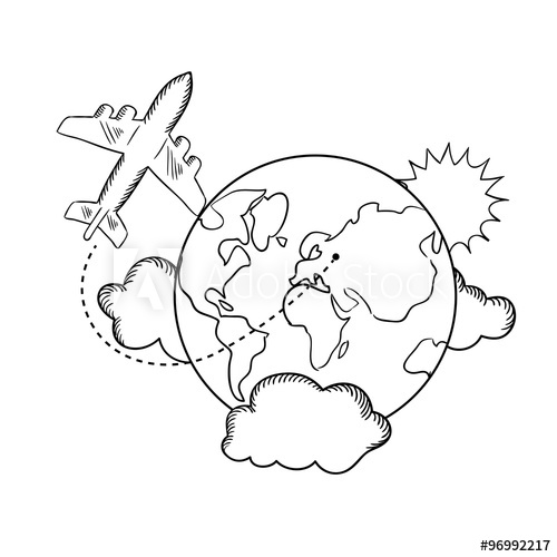 500x500 Air Travel Around The Earth, Sketch - Earth Sketch Drawing