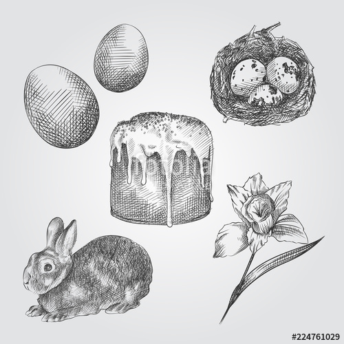 500x500 Hand Drawn Easter Set. Collection Of Easter Cake, Rabbit, Eggs - Easter Sketches