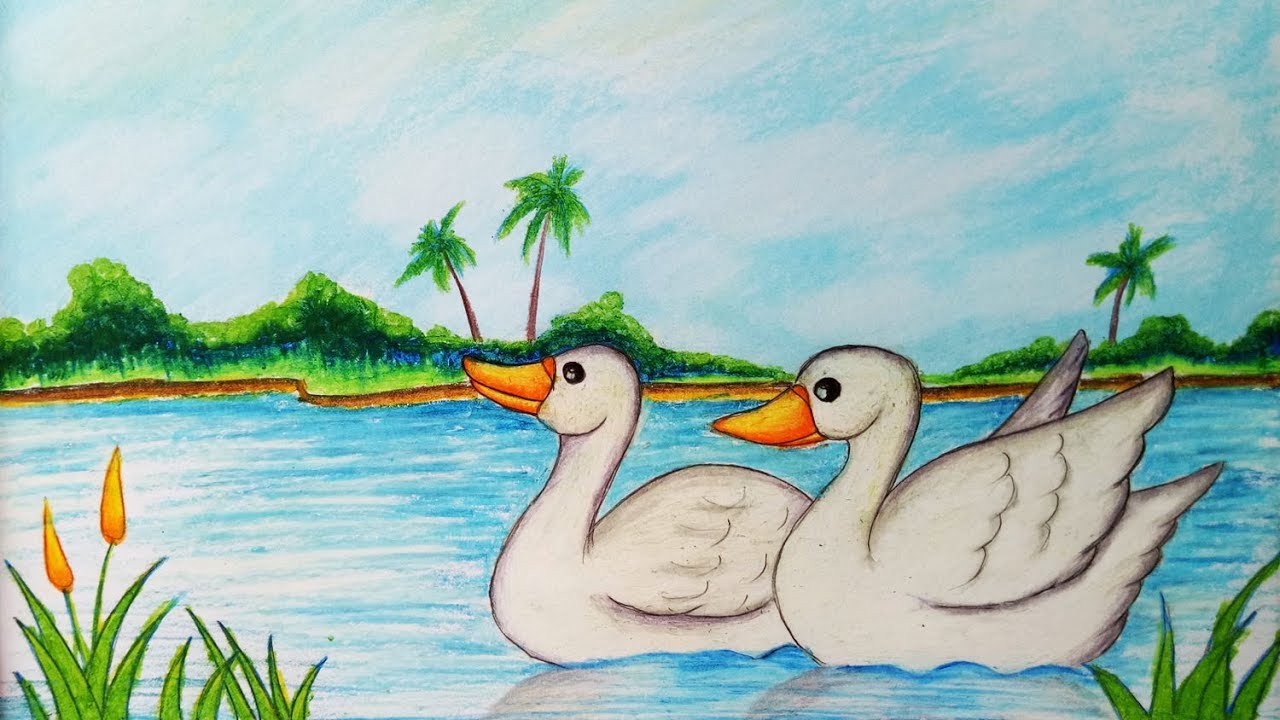 1280x720 How To Draw Easy Scenery With Duck.step By Step(Easy Draw) - Easy Scenery Sketch