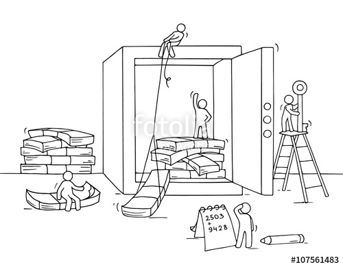 500x390 Sketch Of Istored Money In The Safe With Working Little People - Economy Sketch