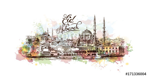 500x261 Watercolor Sketch Of Blue Mosque Istanbul Turkey With Eid Mubarak - Eid Mubarak Sketch