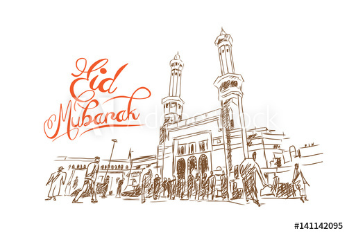 500x337 Eid Mubarak Text With Mecca Mosque Sketch In Vector Illustration - Eid Sketch