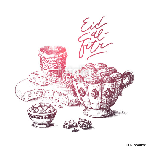 500x500 Eid Al Fitr Muslim Holiday Background. Hand Drawn Sketch - Eid Sketch