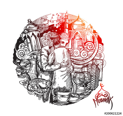 500x473 Muslim Man Hugging And Wishing To Each Other On Occasion Of Eid - Eid Sketch