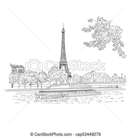 450x470 Vector City Sketching On White Background. Paris, France, Eiffel - Eiffel Tower Sketch Black And White