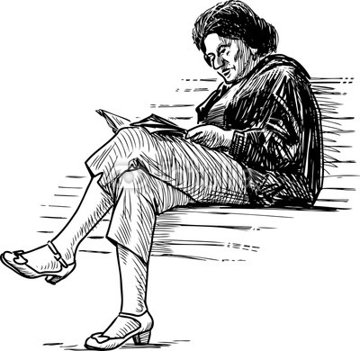 400x390 Sketch Of An Elderly Woman Reading A Book On A Park Bench Buy - Elderly Sketch