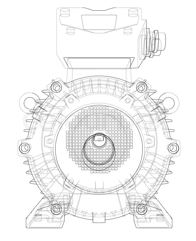 652x800 Electric Motor Outline. Vector Rendering Of 3d. Wire Frame Style - Electric Motor Sketch