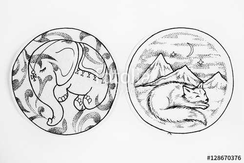 500x334 Black And White Sketch Of Sleeping Elephant, Fox. Stock Photo And - Elephant Black And White Sketch