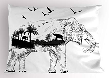 425x305 Animal Pillow Sham By Ambesonne, Hand Sketch Elephant - Elephant Black And White Sketch