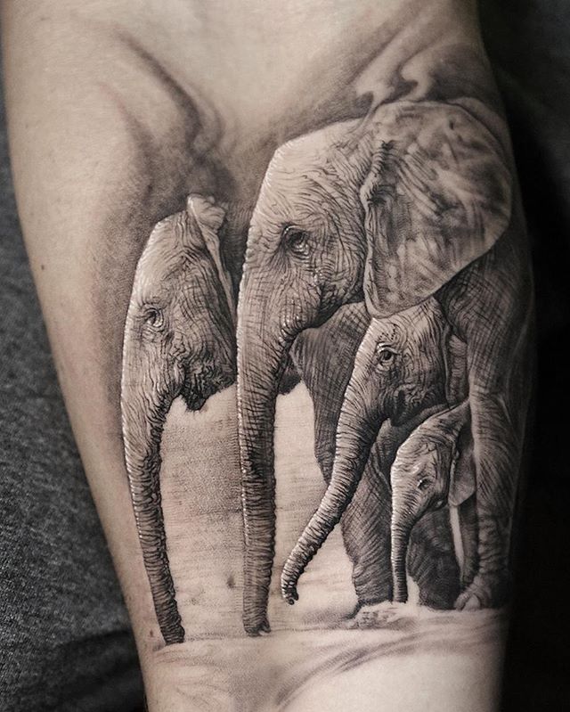 elephant family tattoo outline