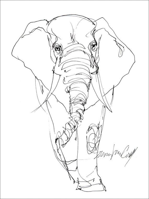 570x760 Elephant, Line Drawing. Greeting Card From Reproduction Of - Elephant Line Sketch