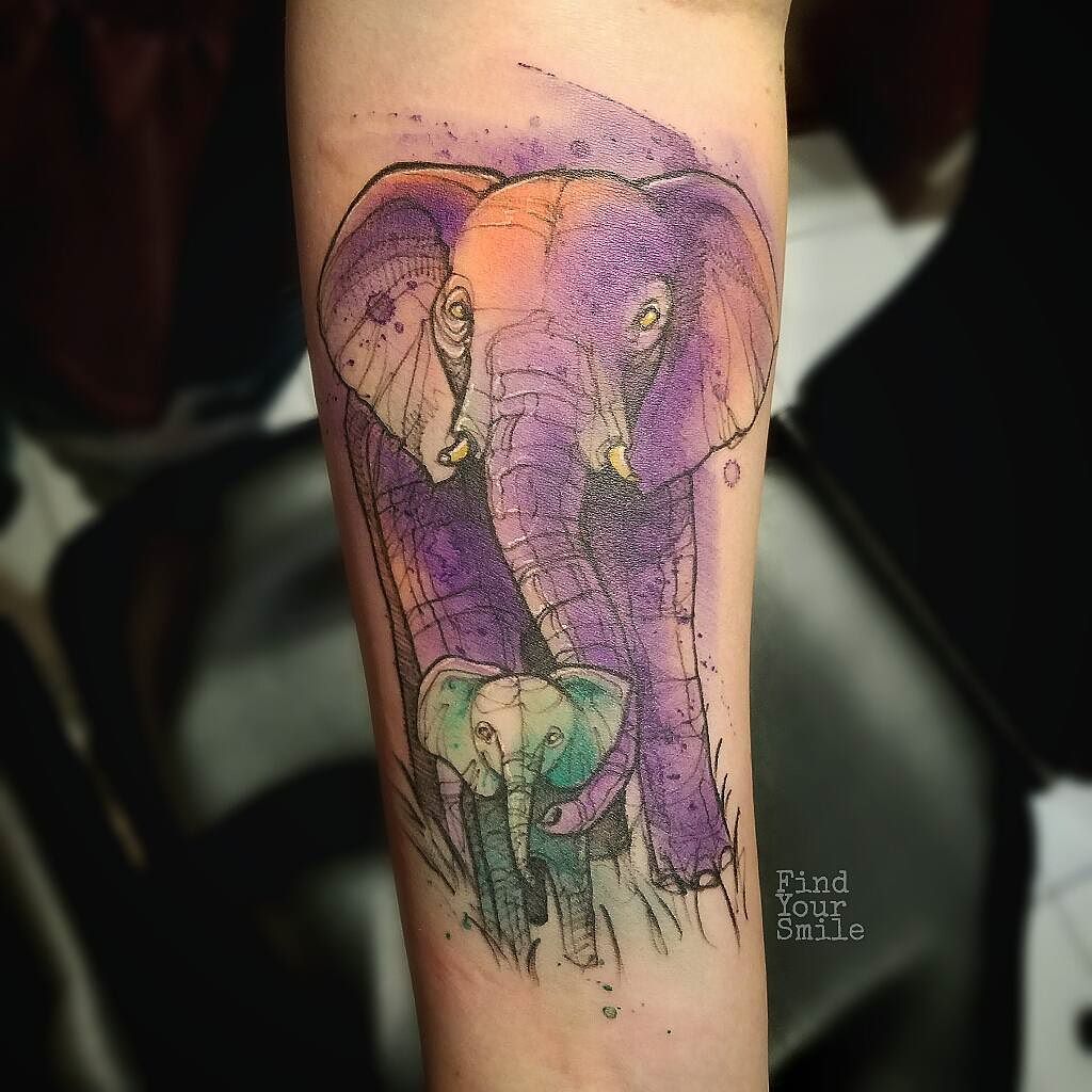 1024x1024 Watercolour Tattoo With Elephant And Sketch Work - Elephant Sketch Tattoo