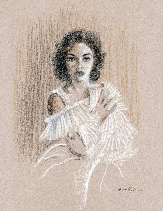 570x738 Conte Pencil Drawing Elizabeth Taylor Portrait Etsy - Elizabeth Taylor Sketch
