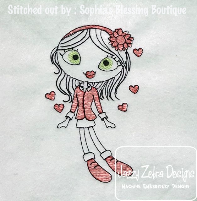 627x640 Swirly Girl Valentine Sketch Embroidery Design - Embroidery Designs Sketch