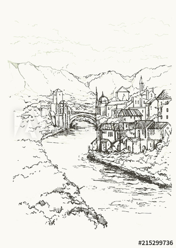 354x500 Mostar, Bosnia And Herzegovina. The Old Bridge, Stari Most, With - Emerald Sketch