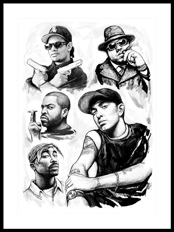600x799 Eminem With Rap Stars Art Drawing Sketch Portrait Framed Print By - Eminem Sketch