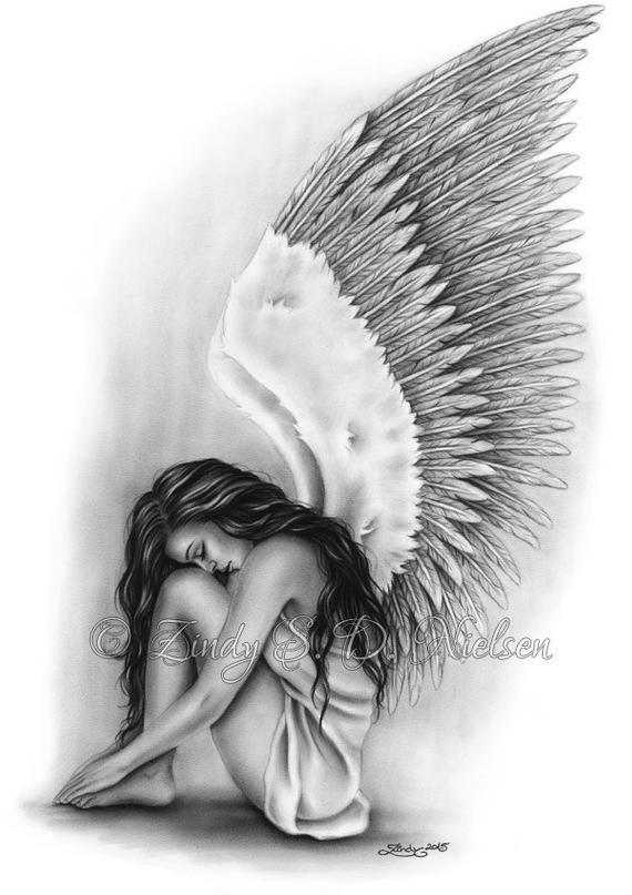 570x807 Angel Wings Heaven Girl Art Print Emo Fantasy Girl Zindy Etsy - Emo Angel Sketch