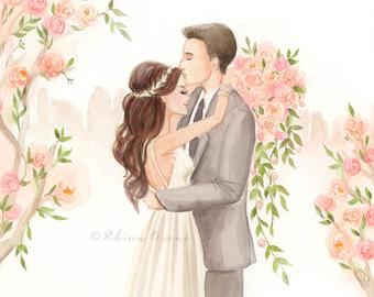 340x270 Watercolor Couple Portrait Bride Groom Engagement Wedding Etsy - Engagement Sketch