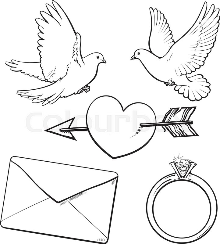 722x800 Wedding, Engagement Icon Set With Doves, Arrow Pierced Heart, Ring - Engagement Sketch
