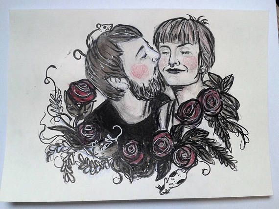 570x428 Whimsical Custom Couple Mixed Media Portrait Drawing Painting - Engagement Sketch