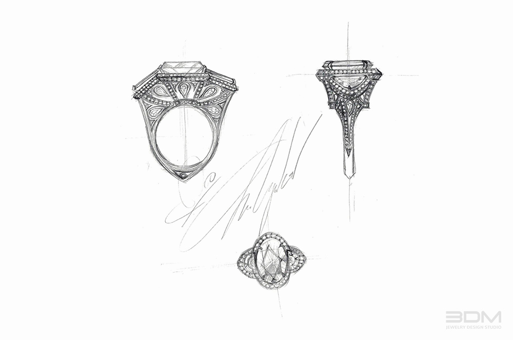 1000x663 Oval Diamond Unique Engagement Ring Design Sketch - Engagement Sketch