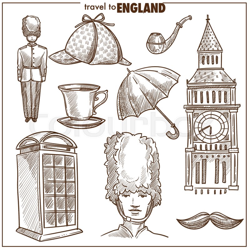 800x800 England Travel Tourism Sketch Symbols And Famous Culture Landmarks - England Flag Sketch
