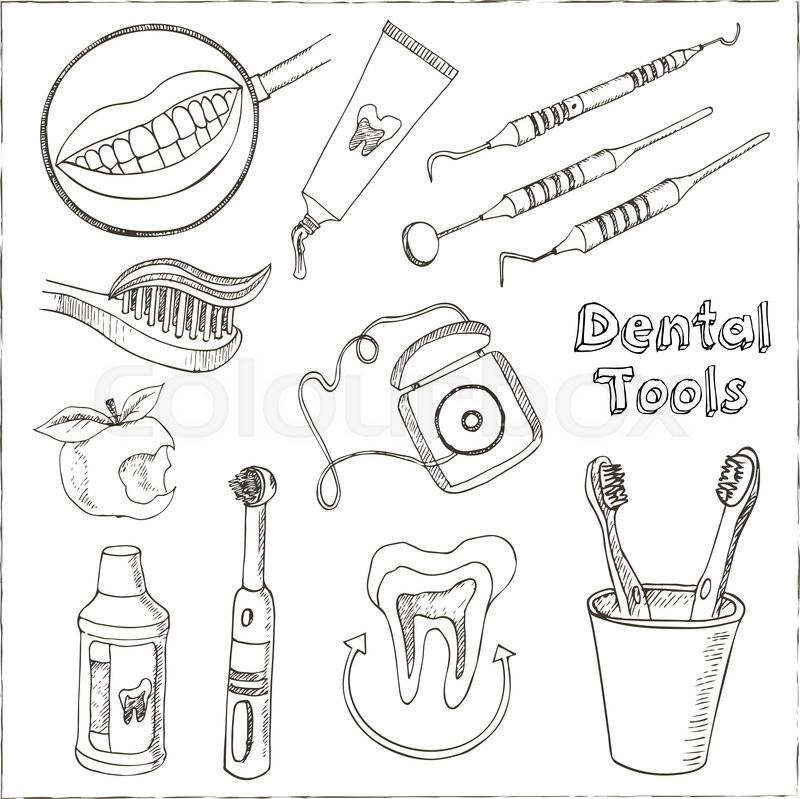 800x799 Doodle Style Dentist Equipment Sketch. Set Includes Picks, Mirrors - Equipment Sketch