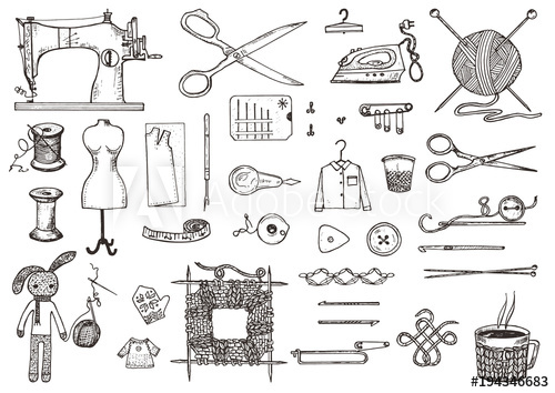 500x354 Set Of Sewing Tools And Materials Or Tools For Knitting Or Crochet - Equipment Sketch