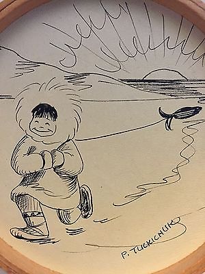 300x400 Vintage P. Tuckichuk Eskimo Sketch Art On Stretched Leather Amp Hoop - Eskimo Sketch