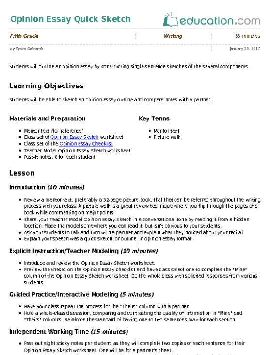 557x731 Opinion Essay Quick Sketch Lesson Plan Lesson - Essay Sketch