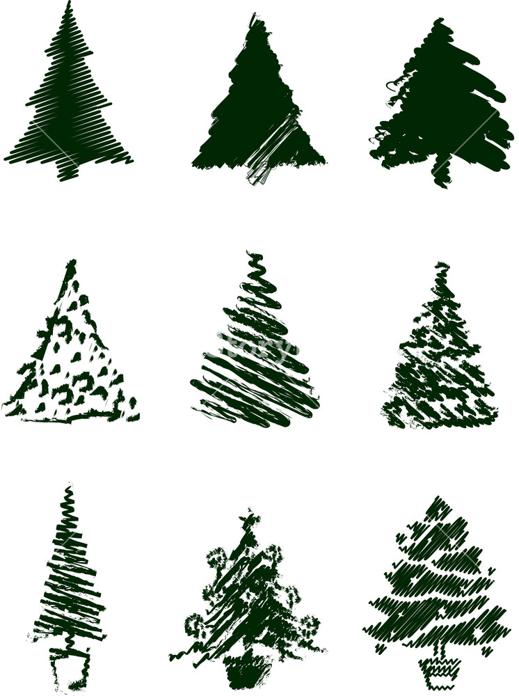 746x1000 Grungy Christmas Tree Sketch Set Ii. Royalty Free Stock Image - Evergreen Sketch