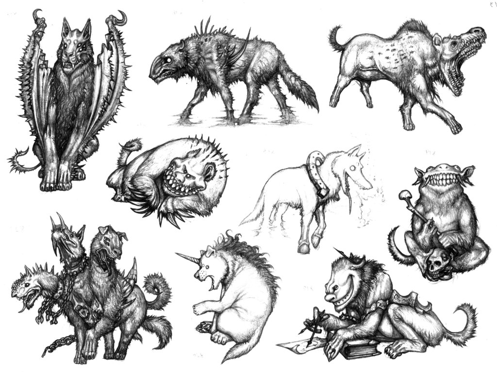 1024x772 Spectral Dogs And Hyenas By Rodrigo Vega - Evil Dog Sketch