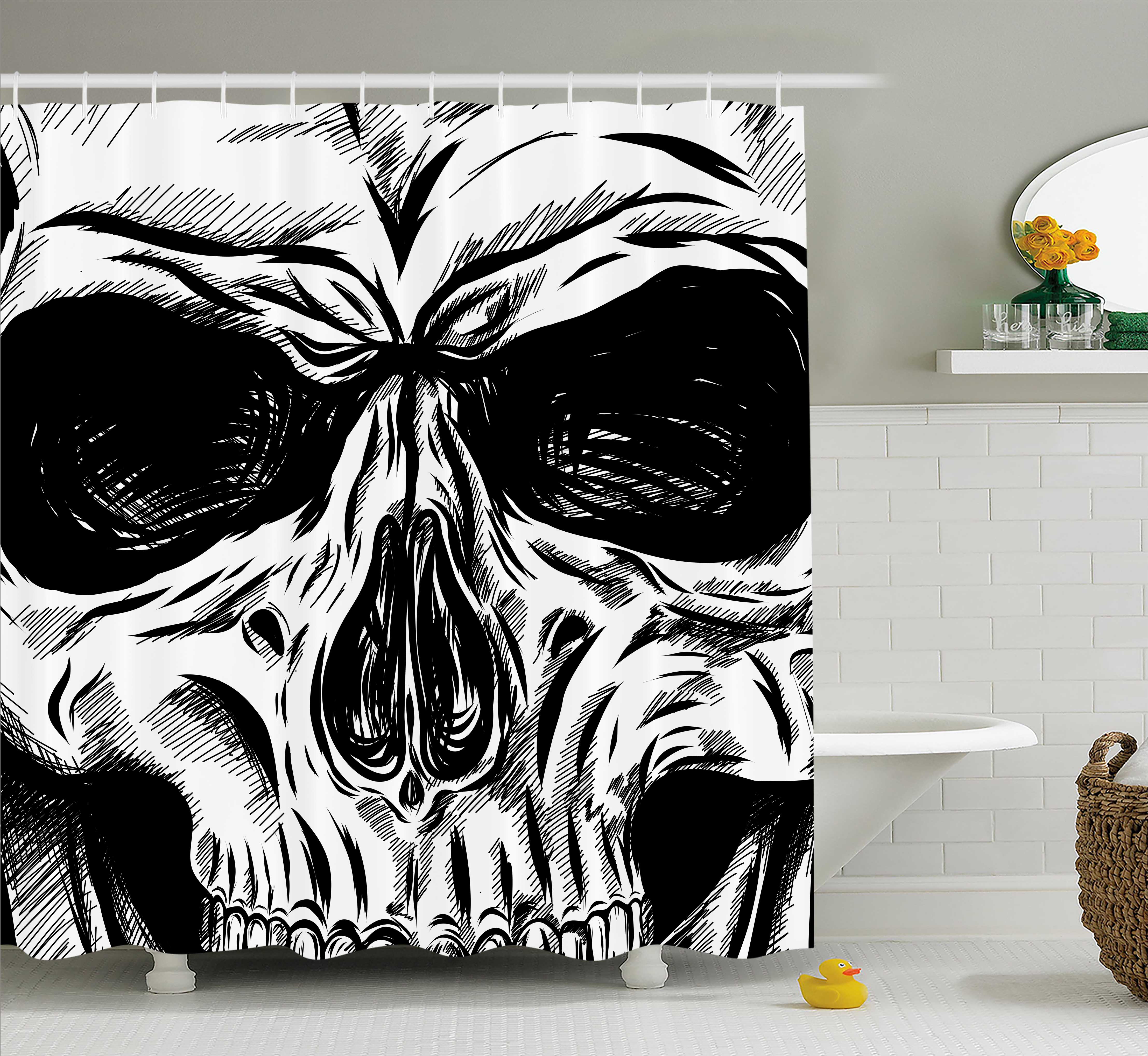 4429x4074 Halloween Shower Curtain, Gothic Dead Skull Face Close Up Sketch - Evil Face Sketch