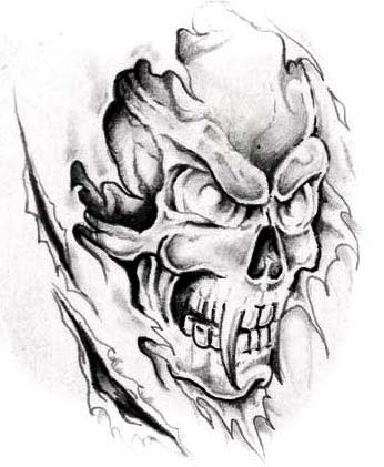 346x421 Ripped Skin Evil Skull Tattoo Design - Evil Skull Sketches